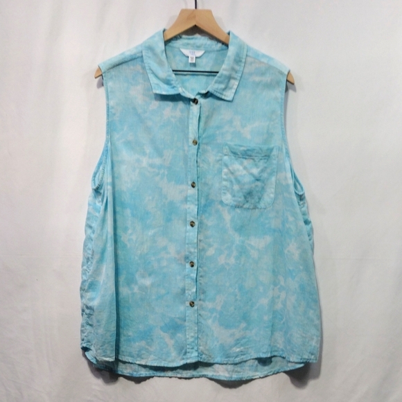 Time and Tru Sleeveless Button-Down Linen Shirt Women's XXXL Blue Tie Dye Retro - Picture 2 of 11
